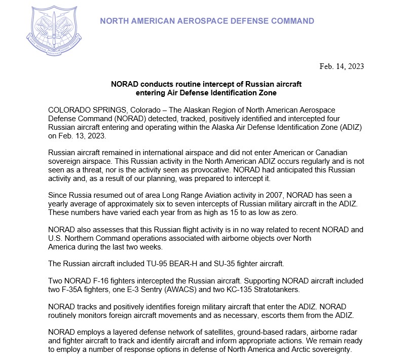 北美航太防衛司令部（NORAD）14日發布聲明稱13日有4架俄軍機闖入阿拉斯加防空識別區（ADIZ）。 圖：翻攝自NORAD推特