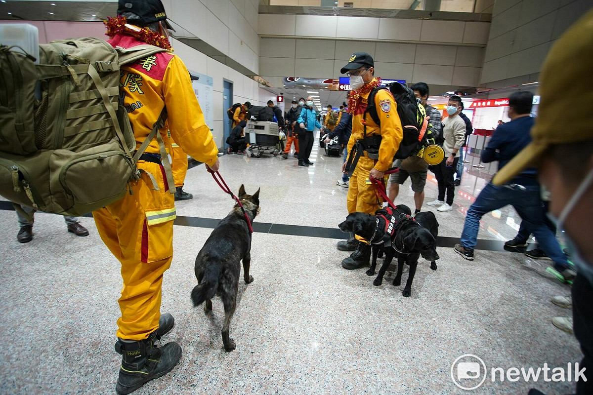 ５隻救援犬也同樣受到熱烈歡迎，不過領犬員一入境先問「哪裡有草皮？」，因為狗狗們要上廁所。 圖：林昀真／攝