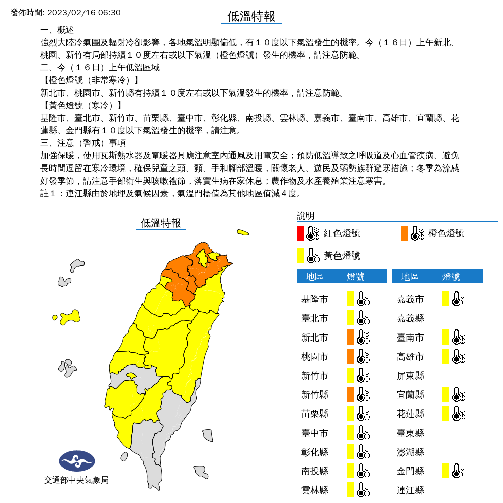 從基隆市到中彰投，再往南的雲林縣、嘉義市、臺南市、高雄市，與東部宜蘭縣、花蓮縣等，今天都有攝氏10度以下氣溫發生的機率，請注意保暖。 圖：中央氣象局/提供