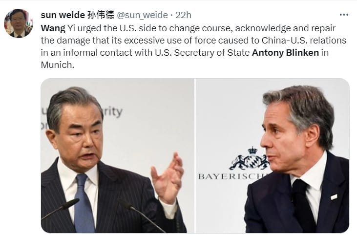 中國外交部戰狼真的回來了，該國新聞司公使銜參贊孫偉德也在推特強調，王毅（左圖）會晤美國國務卿布林肯時，敦促美方承認並修復過度使用武力，損害中美關係， 圖：翻攝自孫偉德推特
