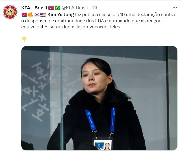 朝鮮領導人金正恩胞妹金與正警告美國，別想推升在朝鮮半島的戰略資產部署，否則朝鮮將把太平洋變成靶場。 圖：翻攝自KFA - Brasil推特