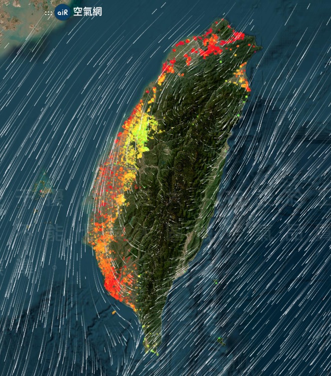 昨晚開始東北風挾境外空汙影響，全台有6個縣市13個測站空品亮紅燈。 圖：取自鄭明典臉書