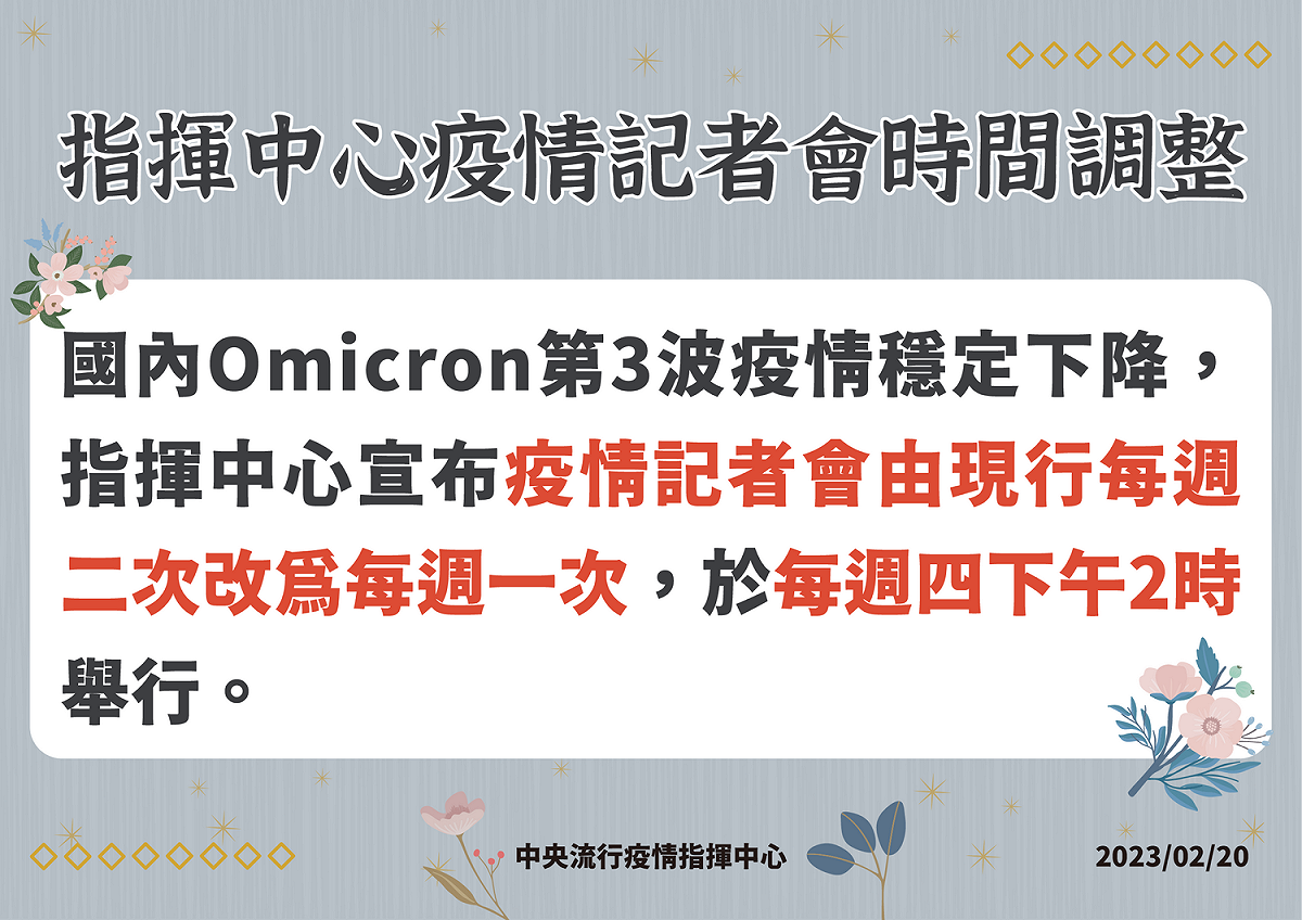 王必勝說明，因為國內Omicron第3波疫情穩定下降，指揮中心疫情記者會由現行每週2次改為每週1次，於每週四下午2時舉行。 圖：中央流行疫情指揮中心/提供