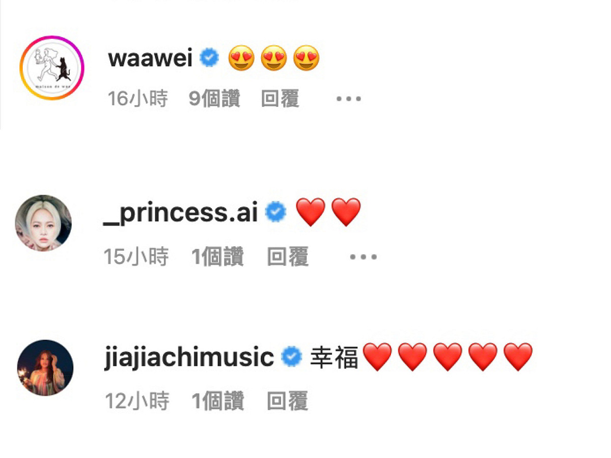金曲歌后魏如萱、家家、戴愛玲等人都現身留言區。 圖：翻攝自IG@della_dingdang