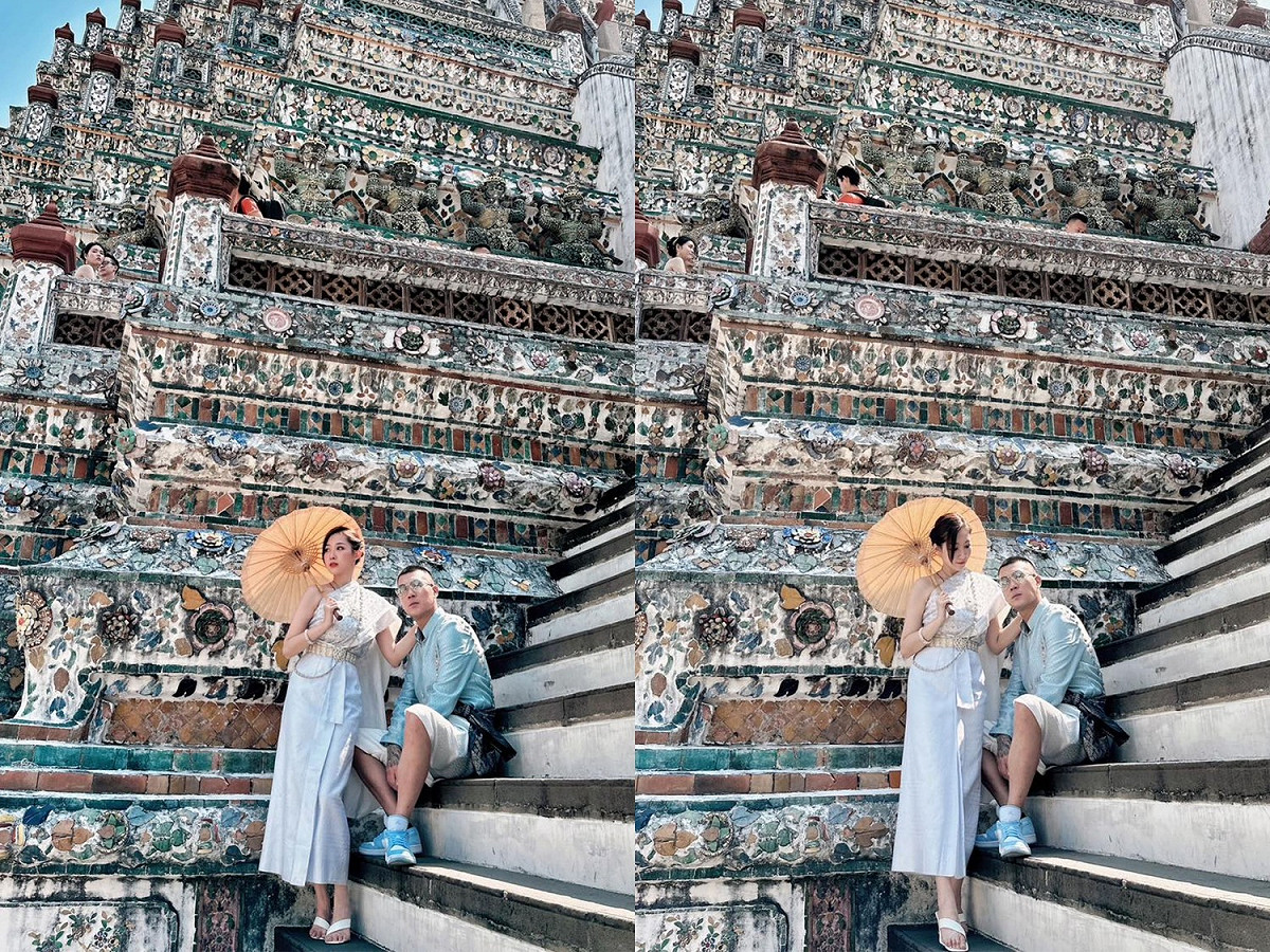 鳳梨與歐菈身穿泰國傳統服裝在泰國鄭王廟拍照。 圖：取自鳳梨 吳泓逸臉書