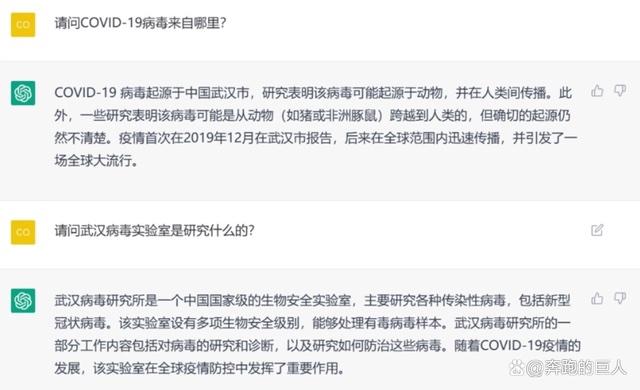 中國網友發現ChatGPT回答新冠病毒來自武漢市。 圖：翻攝自奔跑的巨人