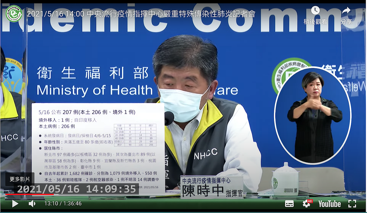 確診個案手板於2021年5月中本土疫情大爆發時以「文字手板」型式出現於記者會，幾經改版後才有現今大數字的型式。圖為2021/5/16的疫情記者會直播畫面。 圖：翻攝自指揮中心直播畫面