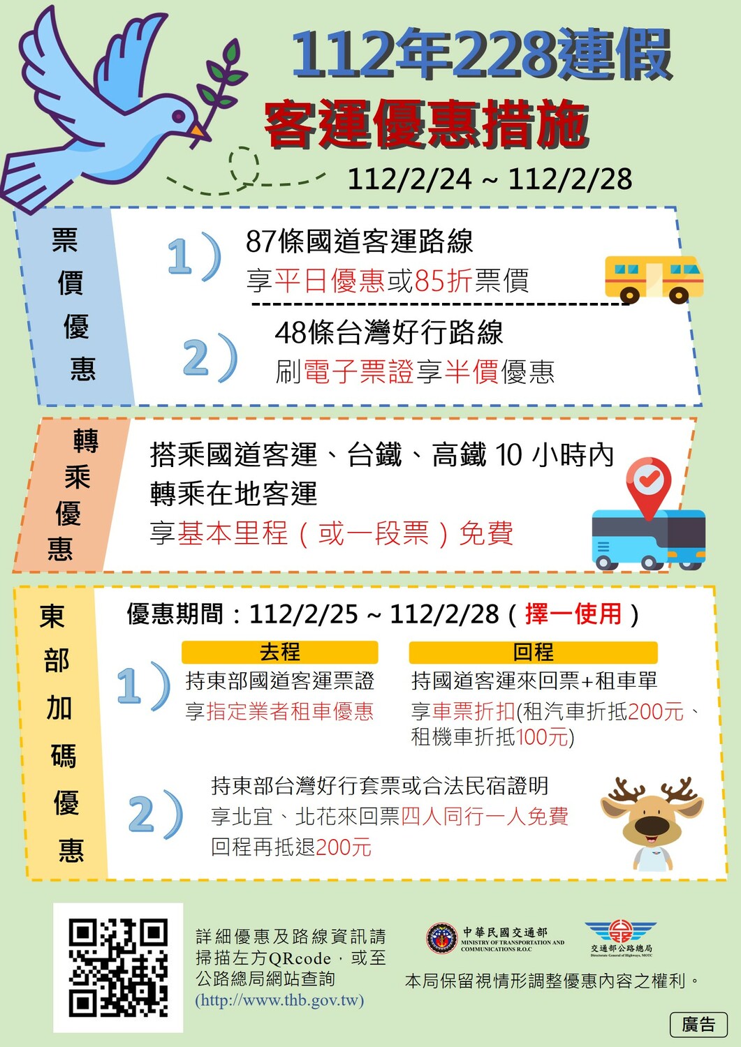 此次二二八連假國道客運優惠持續實施87條國道客運平日或原票價85折及48條台灣好行路線刷卡半價、搭乘國道客運、高台鐵轉乘在地客運享轉乘優惠等措施，歡迎民眾多加利用。 圖：台北區監理所提供