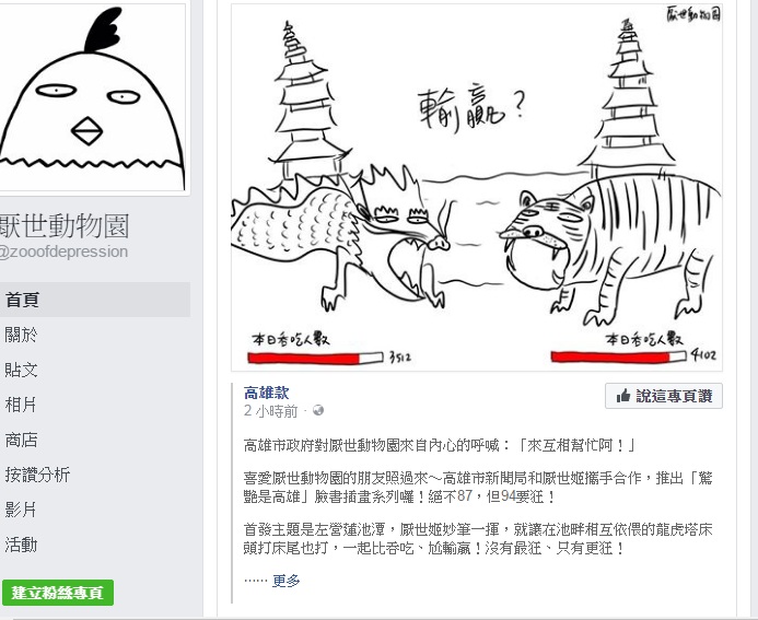 厭世姬分享了高雄款Po文，內文正是這次合作內容。而高雄款則要厭世姬「來互相幫忙」。 圖：翻攝自厭世動物園粉絲專頁