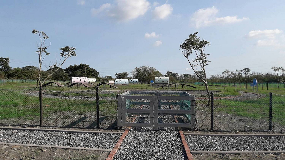 寵物公園內設置各式設施，例如彩繪水泥涵管，讓主人與毛小孩躲貓貓；跳高輪胎架可讓毛小孩訓練跳躍能力；浪狀棧道可讓毛小孩鍛鍊腳力。 圖：屏東縣政府提供