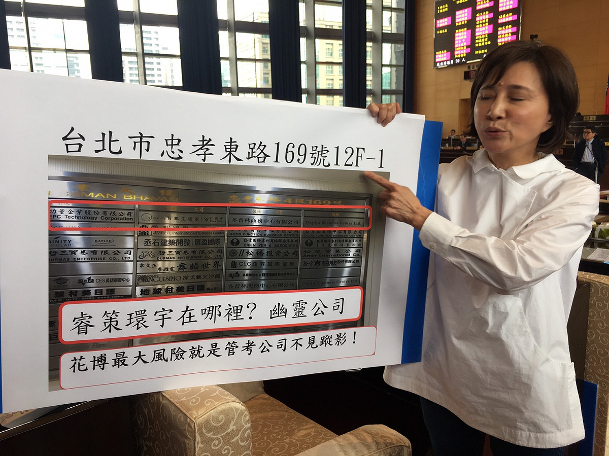 國民黨台中市議員黃馨慧等人指出，市府以120萬元標案將花博的管考業務委外，但這家公司藏身在台北市一處商業大樓內，懷疑是家幽靈公司。 圖：台中市國民黨團/提供