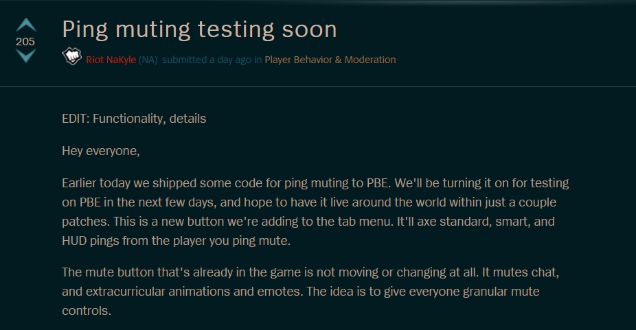 Riot Games的工程師NaKyle表示將在PBE（公開測試伺服器）率先測試『靜音Ping點』的系統。 圖：翻攝自《英雄聯盟》官方論壇
