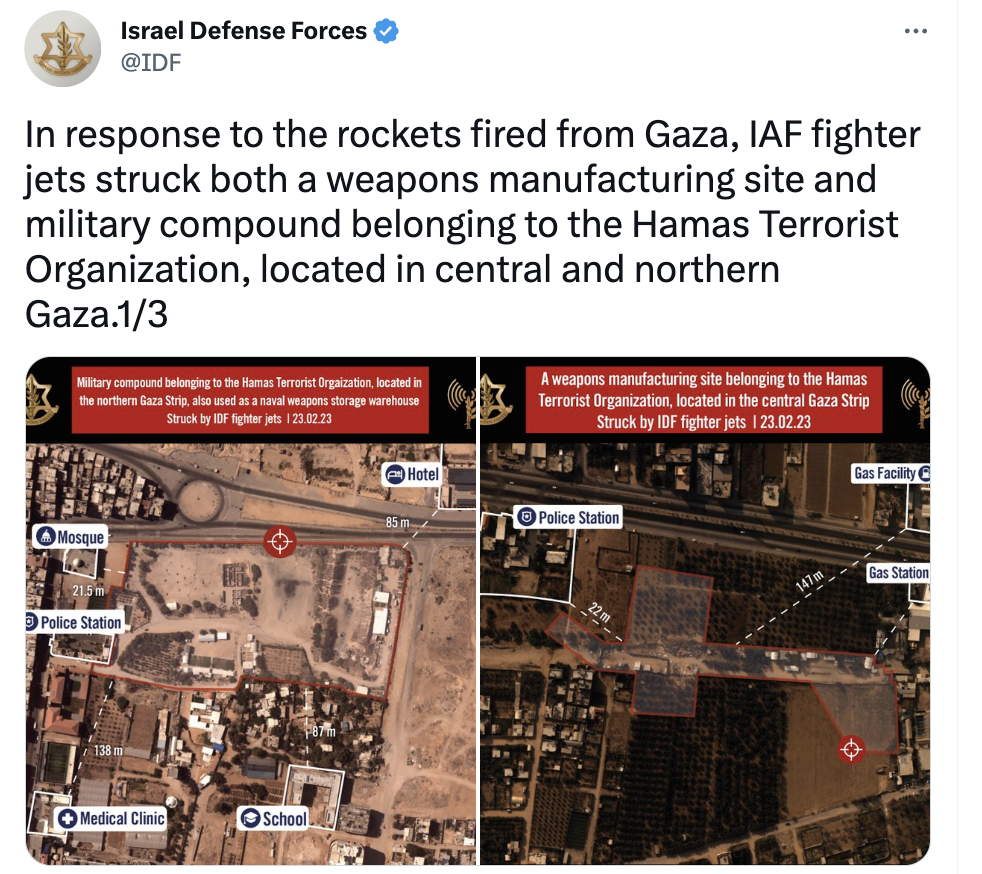 以色列為回應巴國發射火箭彈攻擊，針對加沙地帶與哈馬斯武裝分子進行空襲。 圖：翻攝自以色列國防部推特