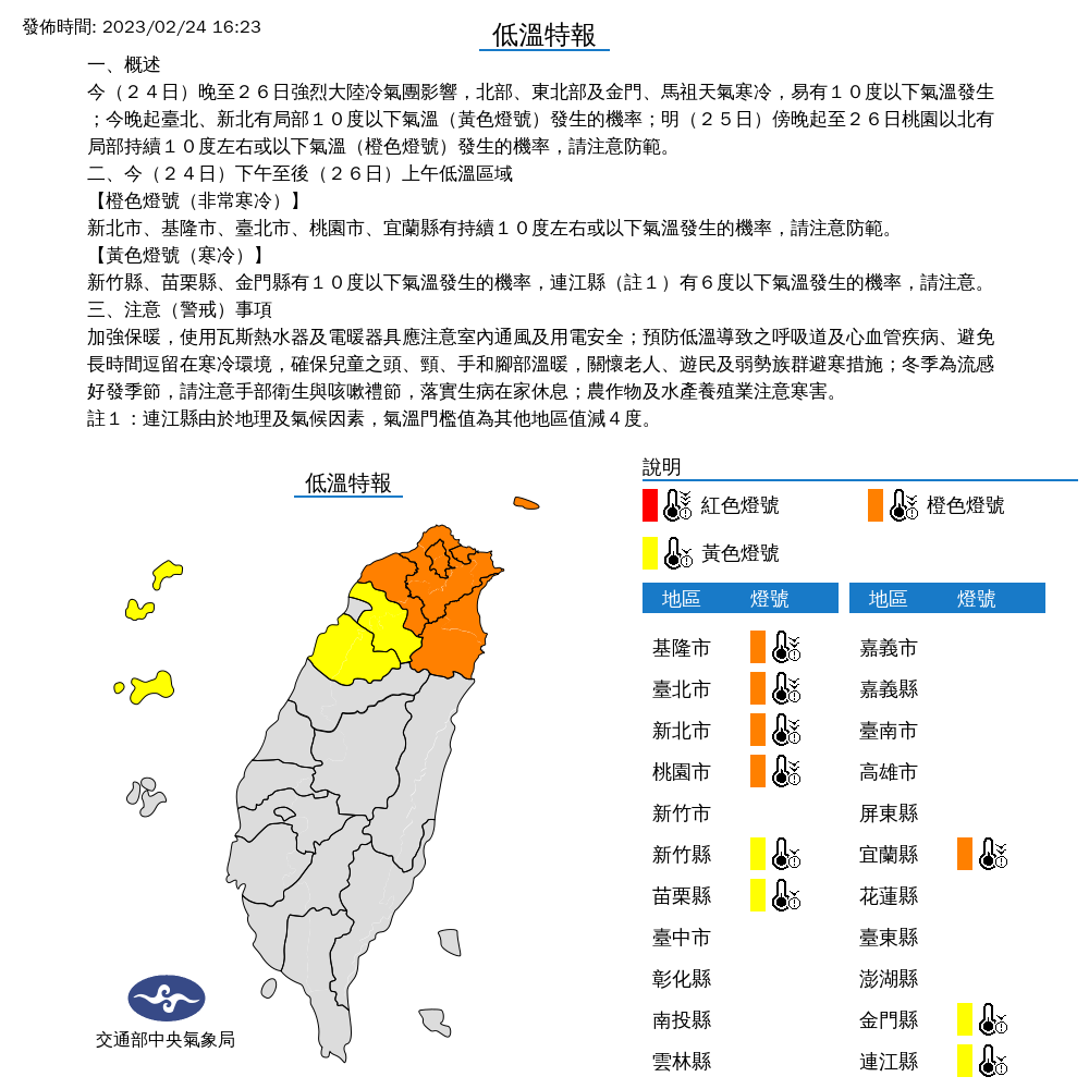 氣象局對9縣市發布低溫特報。 圖：取自中央氣象局網站