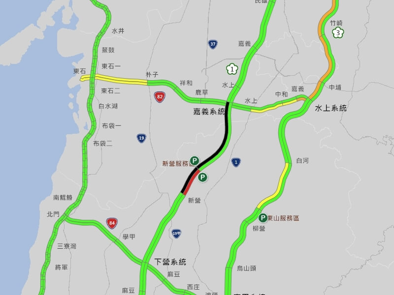 國道1號南向新營路段25日發生聯結車和小客車追撞事故，高速公路局封閉嘉義系統至新營主線 圖片來源/高速公路1968網頁