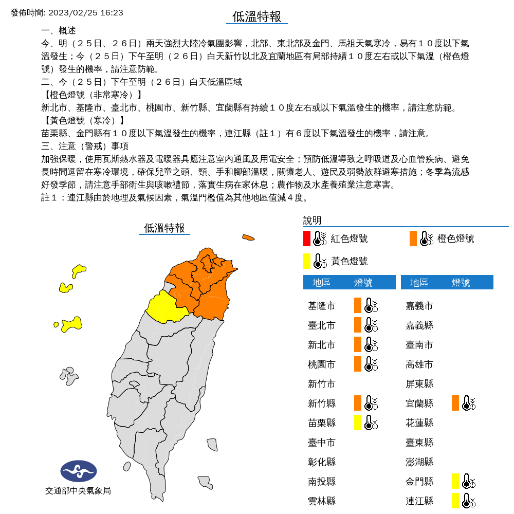 氣象局對9縣市發布低溫特報。 圖：取自中央氣象局網站