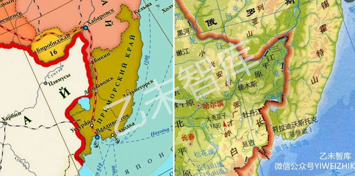 網傳俄羅斯國家杜馬發布了俄羅斯國土新地圖(左)，將興凱湖全部劃分在俄國線內，但興凱湖是中俄兩國界湖 ，俄國界線應在湖中間(右)，經陸媒查核後發現地圖是非官方圖。 圖:方舟子推特