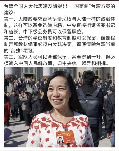 「台籍」的中國人大代表凌友詩提出一國兩制台灣方案，民進黨立委王定宇在臉書PO文提出見解，強調國民黨與中共推的「92一中」其實就是「消滅2300萬人的台灣」。 圖：翻攝自王定宇臉書