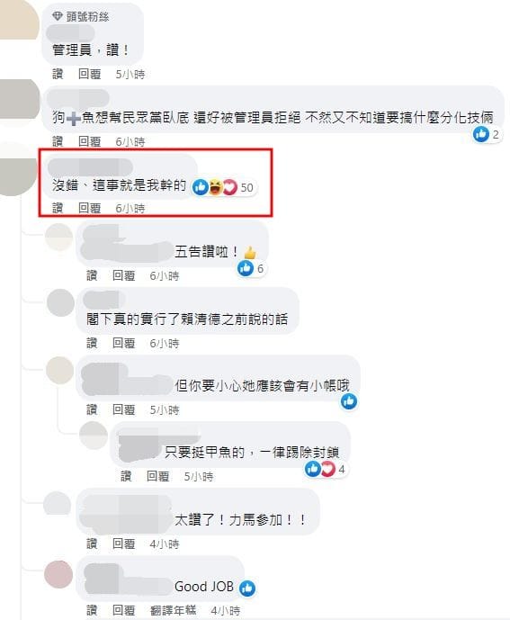 高嘉瑜申請加入挺綠臉書社團遭拒，管理員留言表示：「沒錯，這事就是我幹的。」 圖：翻攝王浩宇臉書