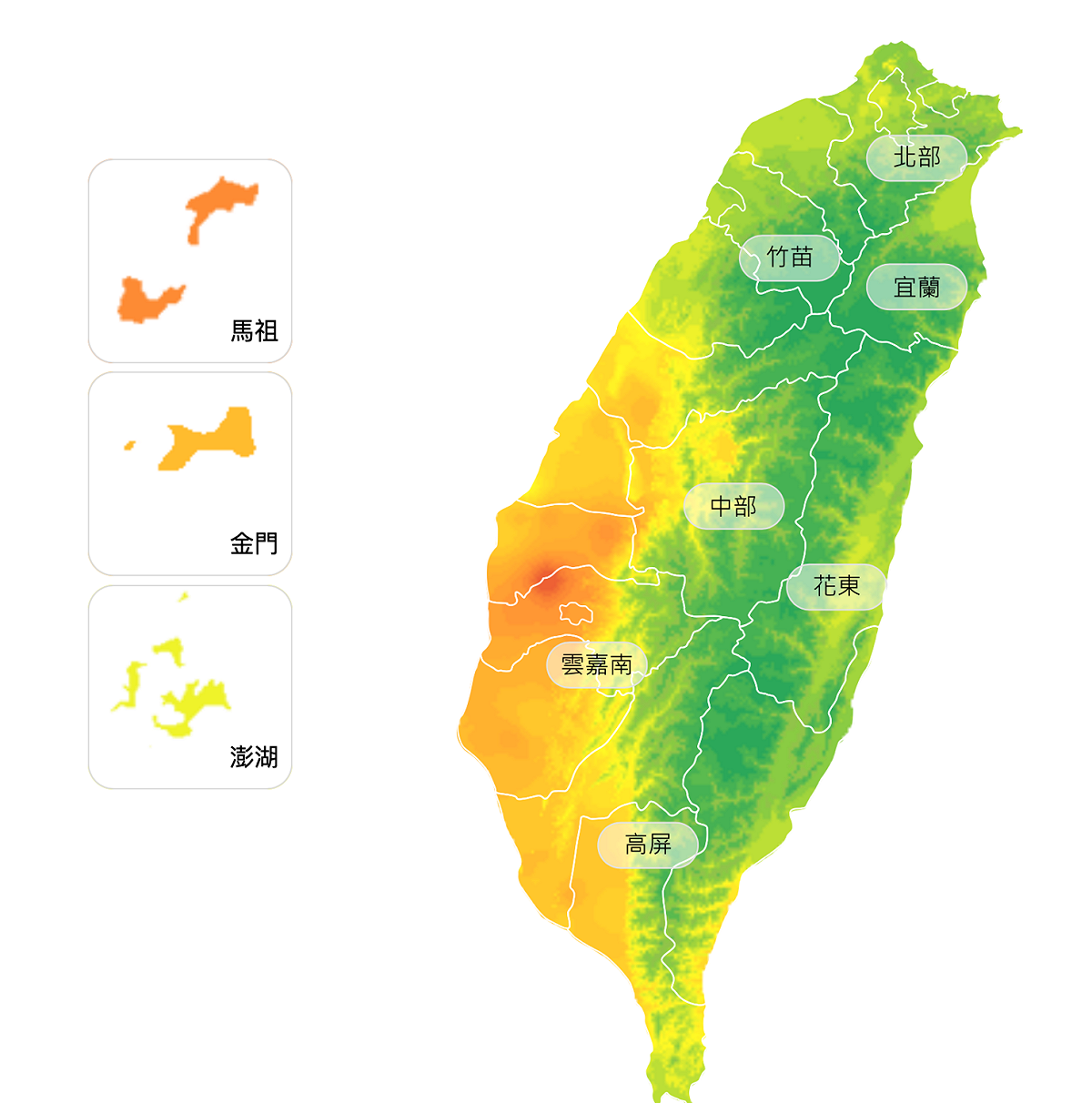 根據空氣品質監測網資料，雲嘉南以北風力較強擴散條件佳，高屏地區位於尾流弱風區，污染物易累積，因此南部地區空品仍亮橘燈。 圖：翻攝自環保署空品監測網