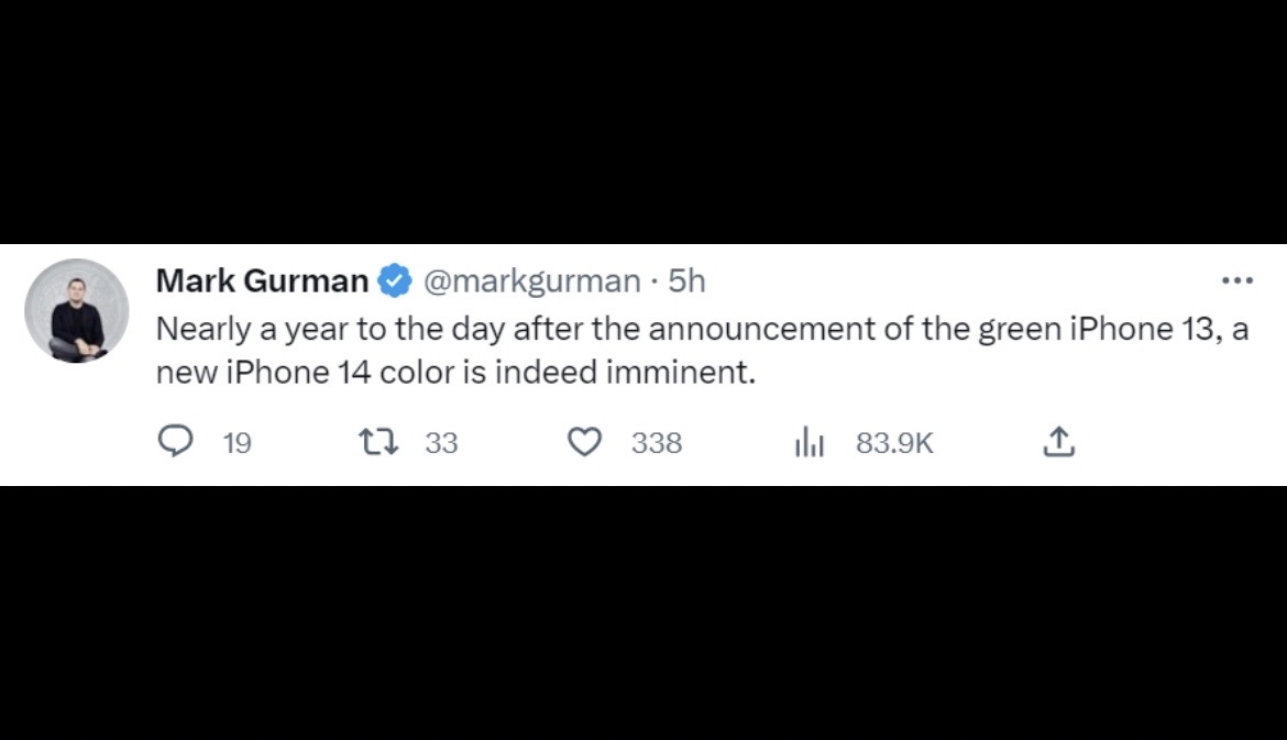 Mark Gurman在推特表示，「在去年iphone13的綠色以後，iPhone 14新色的確讓人迫不及待」，但Mark Gurman並末說出相關新色的細節。 圖：翻攝自Mark Gurman推特