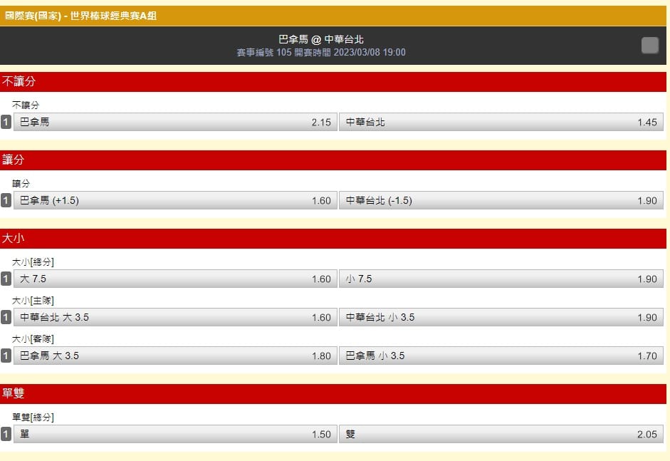 WBC台灣首戰面對巴拿馬，運彩不讓分稍看好台灣。 圖:台灣運彩官網