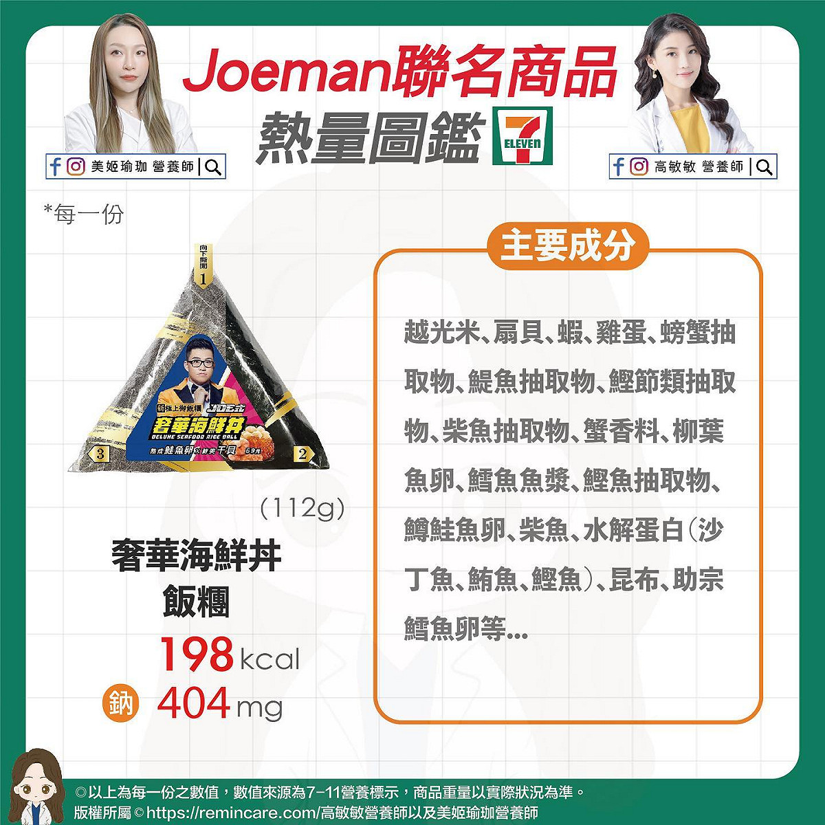 Joeman奢華海鮮丼飯糰熱量表。 圖：取自高敏敏臉書