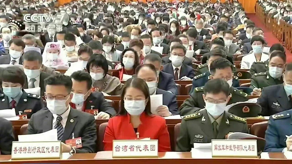 中國人大「台灣省代表團」兩旁坐了「香港代表團」與「解放軍代表團」。(資料照片) 圖：翻攝自方舟子推特（資料照）