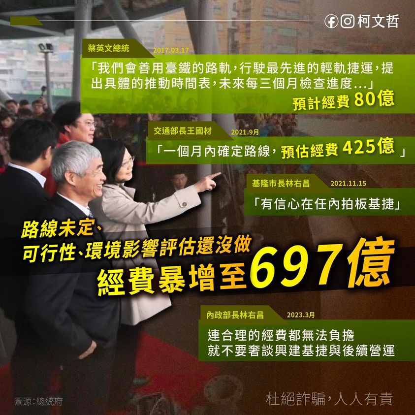民眾黨主席柯文哲對基隆捷運興建經費暴增一事，整理出從2017年至今，政府各級長官對基隆捷運的發言做成哏圖，下方還刻意秀出「杜絕詐騙，人人有責」8個字。諷刺意味十足。 圖：翻攝柯文哲臉書