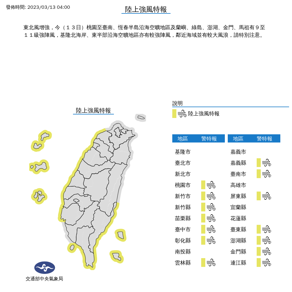 陸上強風警報發布，今天從桃園以南，一直到恆春，繞到台東，除了高雄以外，包括蘭嶼、綠島、澎湖、金門、馬祖等，都將有9至11級強陣風。 圖：中央氣象局／提供