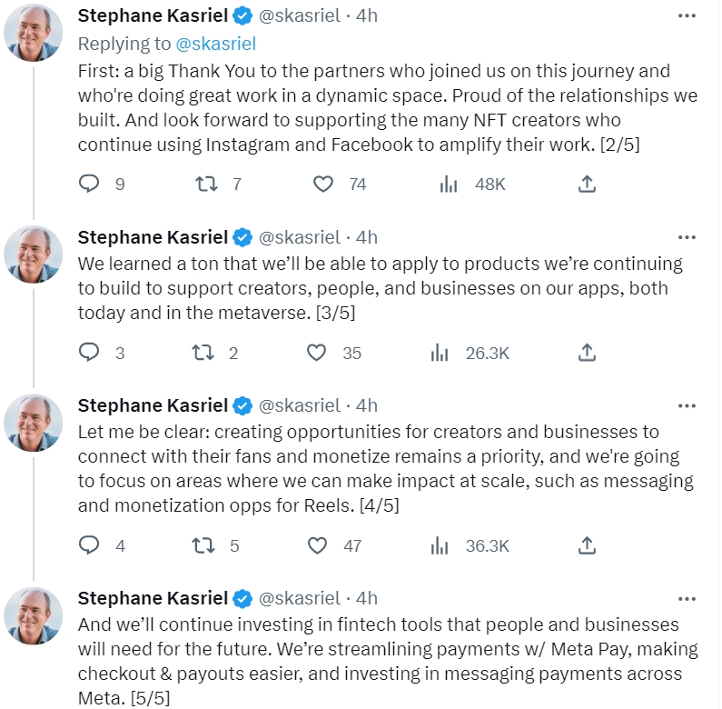Meta 目前是優先考慮可以產生大規模影響力的事項上，像是 Reels 的消息傳遞和獲利方式，及改善 Meta Pay，使支付功能更加容易。 圖：翻攝自Stephane Kasriel推特