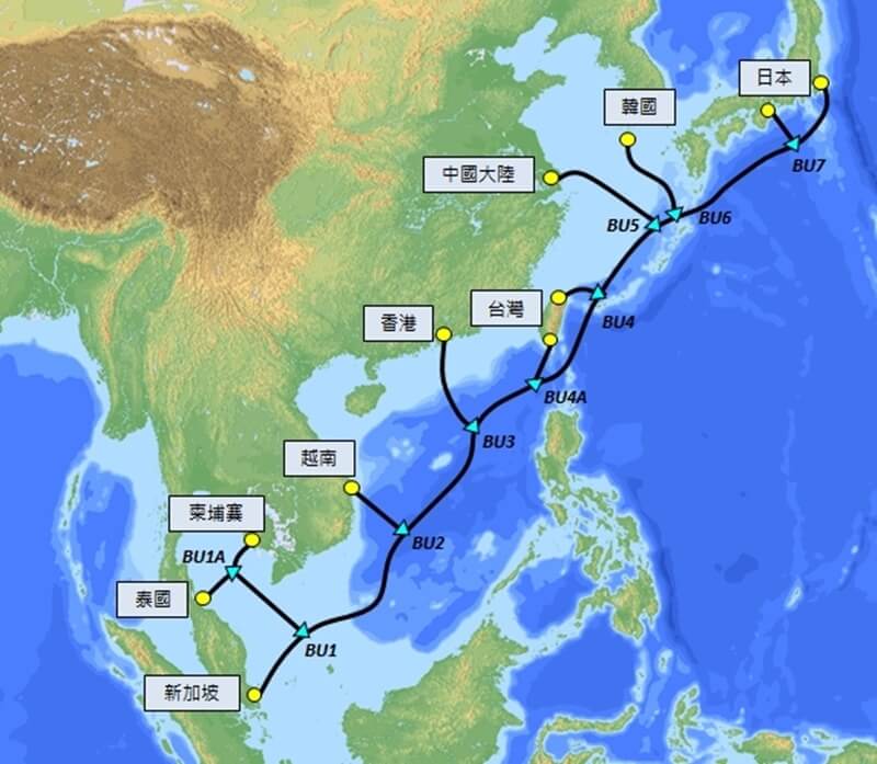 金融時報報導，中國藉由拖延審核等刁難手段，阻礙各國在南海的海底網路電纜鋪設和維護工程。圖為東南亞日本二號海纜，總長1萬500公里，連接亞洲區11個登陸站。 圖：中央社／翻攝自中華電信網頁