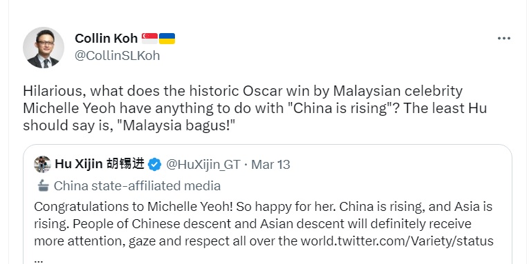 中國評論員胡錫進蹭楊紫瓊，扯中國崛起，被新加坡國際研究員Collin Koh狠酸。 圖：翻攝自Collin Koh推特