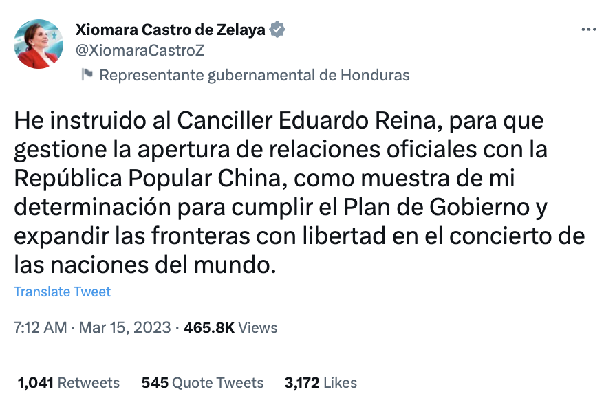 宏都拉斯總統卡蕬楚（Xiomara Castro）發文稱要與中國建立正式外交關係。 圖：翻攝自卡蕬楚推特
