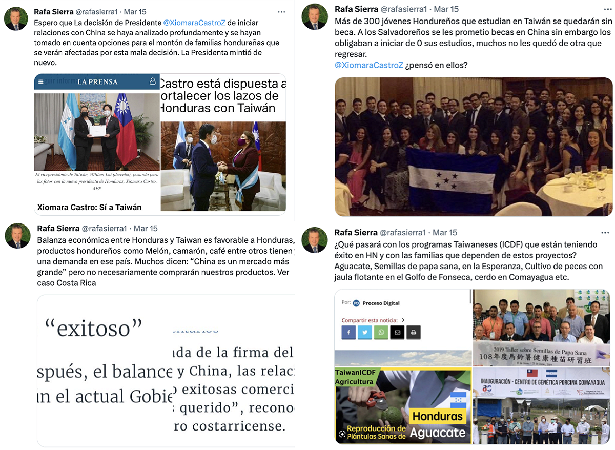 前宏都拉斯駐台大使謝拉（Rafael Sierra）連發四篇文批評總統卡蕬楚（Xiomara Castro）想與中國建交的決定是錯誤的。 圖：翻攝自謝拉推特