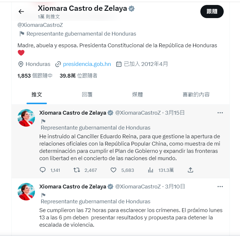 宏都拉斯總統秀瑪菈．卡斯楚（Xiomara Castro，另譯：卡蕬楚）14日在個人推特（Twitter）宣布，已指示外長處理與中國建立正式關係事宜。 圖 : 取自卡斯楚推特
