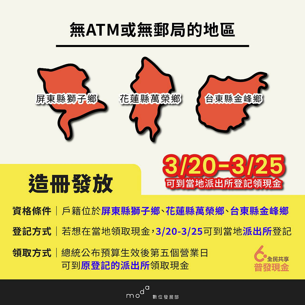 為便利當地民眾領取6,000元，配合行政院政策指示，居住在此三個偏鄉民眾只要在3月20日到3月25日先向當地七個派出所登記後，就可以在當地領取現金。 圖：數位部提供