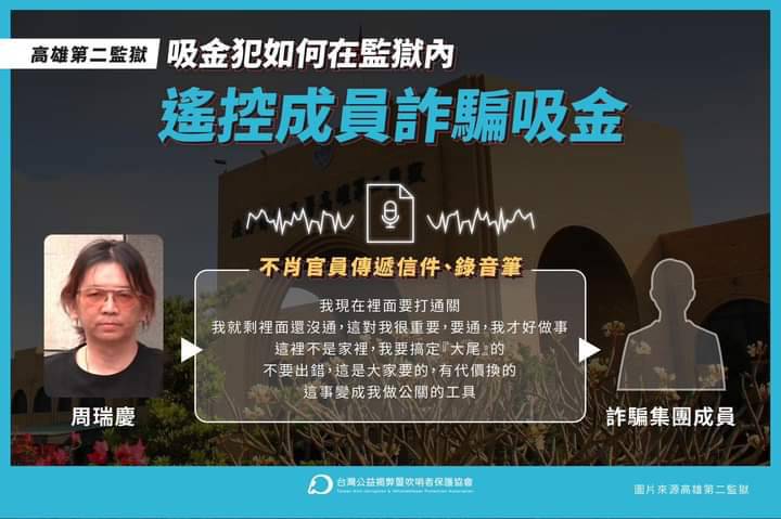 台灣公益揭弊暨吹哨者保護協會踢爆吸金犯在獄中遙控犯案。 圖：翻攝台灣公益揭弊暨吹哨者保護協會臉書