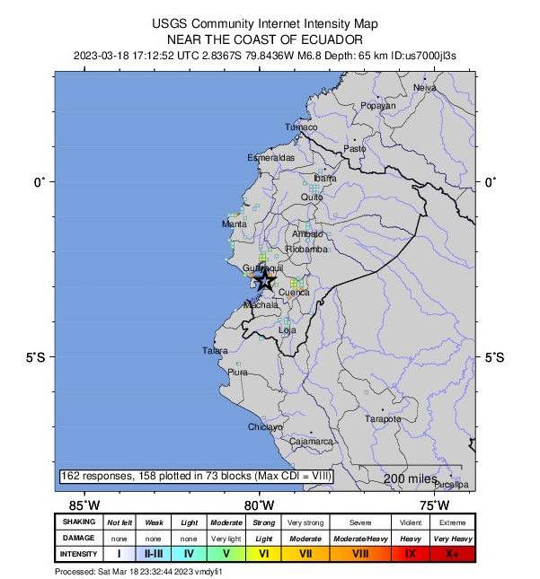 美國地質調查所（USGS）測得的地震規模為6.8，震源深度66.4公里，震央距離圭亞斯省（Guayas）巴勞市（Balao）約10公里。 圖/美國地質調查所（USGS）