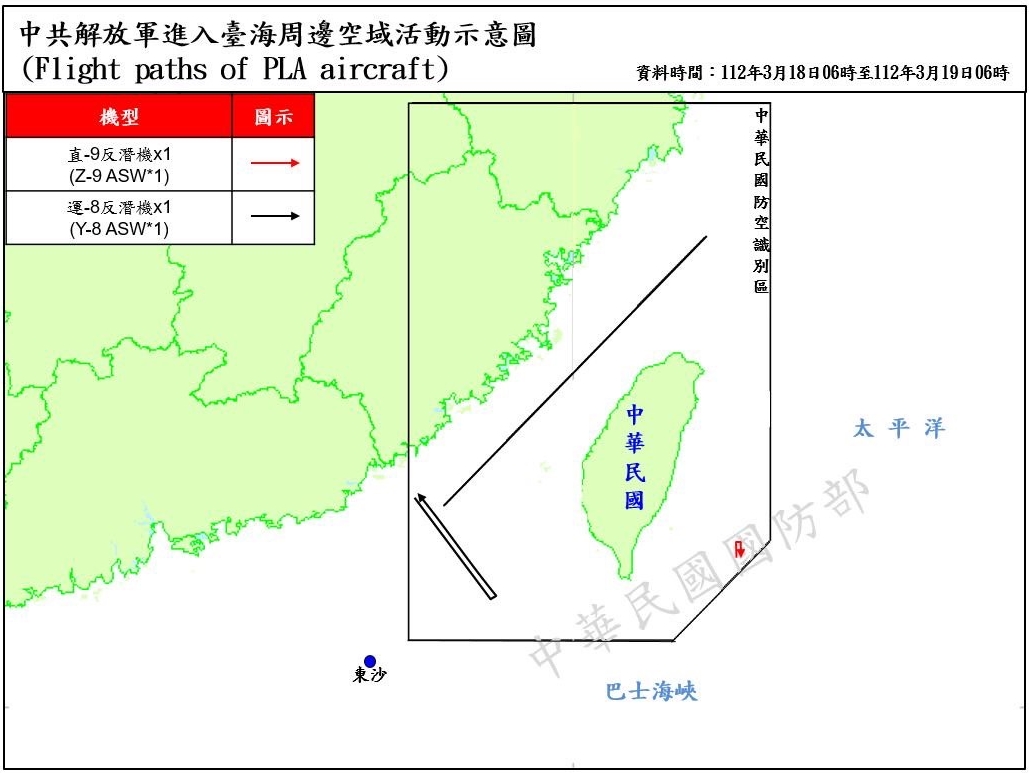 國防部偵獲共機6架次其中進入西南及東南空域2架次。 圖/國防部提供