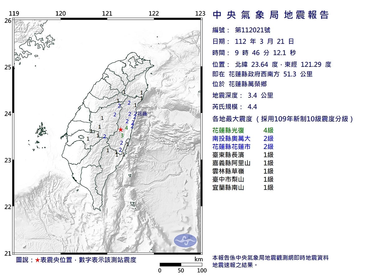 9時46分又發生規模4.4的地震，花蓮縣最大震度仍達4級。 圖：中央氣象局／提供