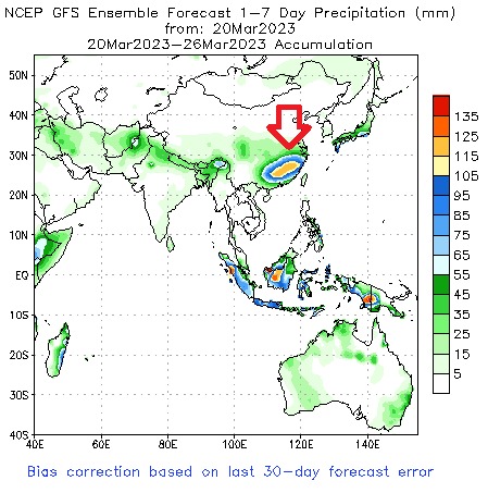 中央氣象局長鄭明典今(21)日分享雨量預報圖表示，中國華南附近出現顯著的春雨系統。 圖：翻攝自中央氣象局長鄭明典臉書