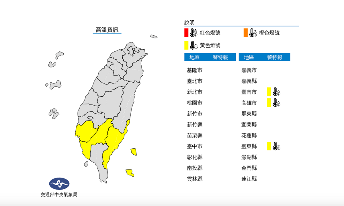 今天中午中央氣象局更罕見發佈高溫特報，3縣市亮起黃色燈號，東南部地區更熱到有焚風的發生。 圖：翻攝自中央氣象局網站