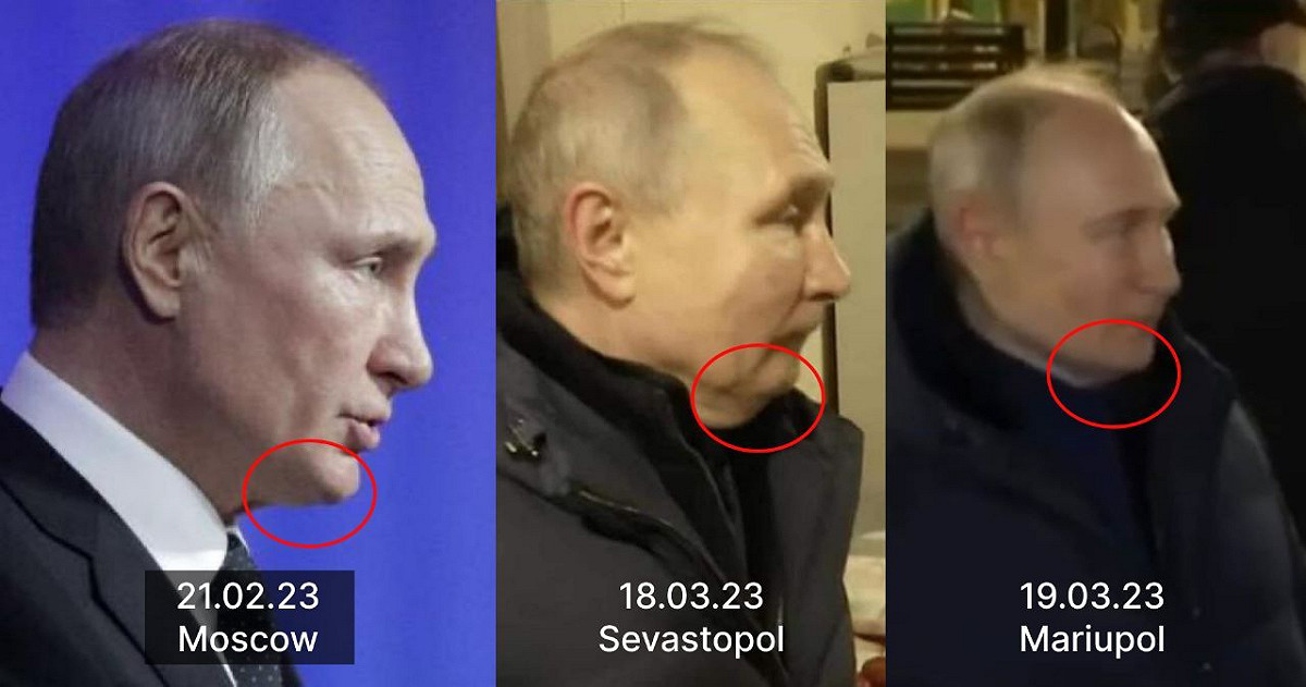 俄羅斯總統普丁被發現影出現在莫斯科、塞瓦斯托波爾（Sevastopol）和馬立波（Mariupol）時，面部結構有明顯不同，質疑是替身。 圖: 翻攝自 Anton Gerashchenko 推特