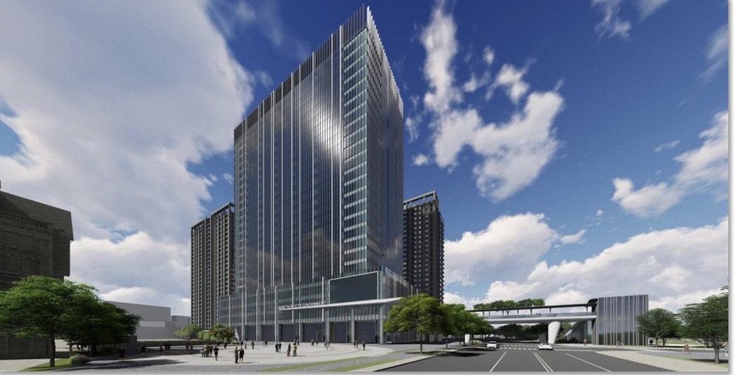 新北市推動「宜居建築」，三重第二行政中心將以取得黃金級綠建築及銅級智慧建築為目標努力，此圖為三重第二行政中心完工模擬圖。 圖：新北市工務局提供