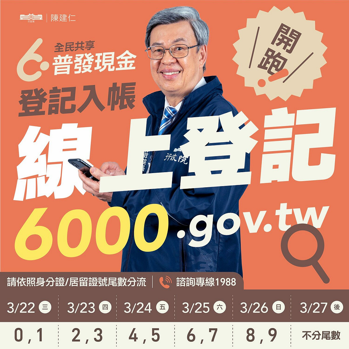 行政院長陳建仁一早也在臉書提醒大家，請大家依照身分證字號尾數配合分流措施，不需要緊張或急迫，3月27日後免分流，登記更輕鬆！ 圖：擷自陳建仁臉書