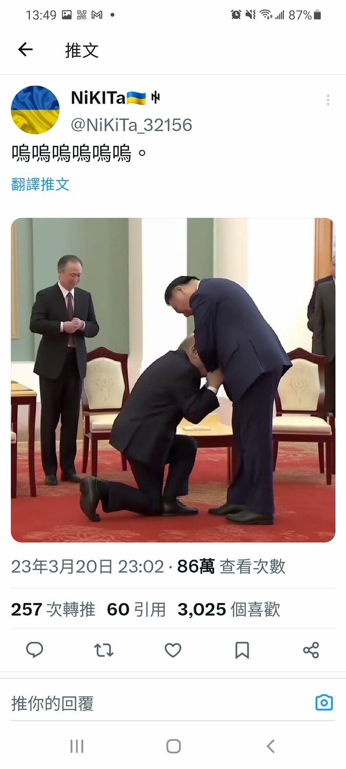 網傳普丁下跪習近平的照片，事實查核揪出六大疑點。 圖：翻攝自推特帳號 @NiKiTa_32156