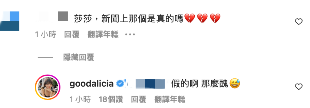粉絲問到「新聞上那個是真的嗎」，愛莉莎莎沒有正面回應。 圖：翻攝自IG＠goodalicia