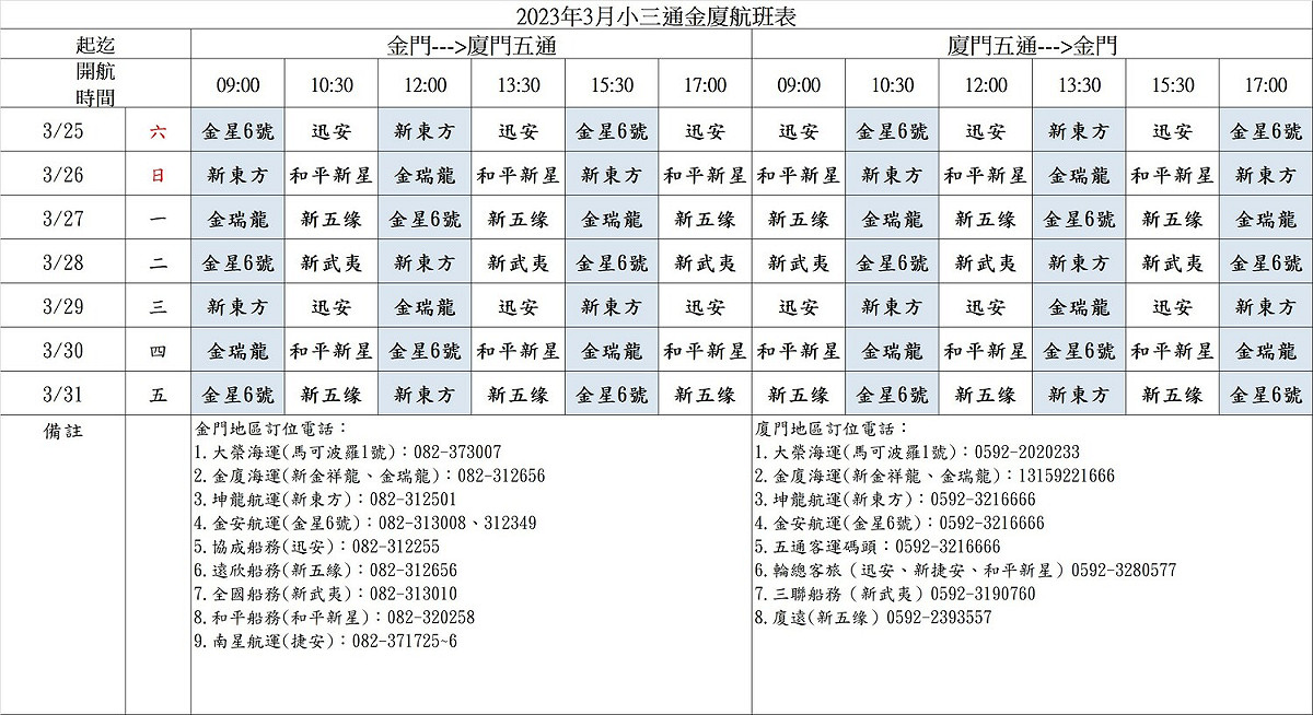 金廈小三通3月份航班表。 圖：交通部航港局／提供