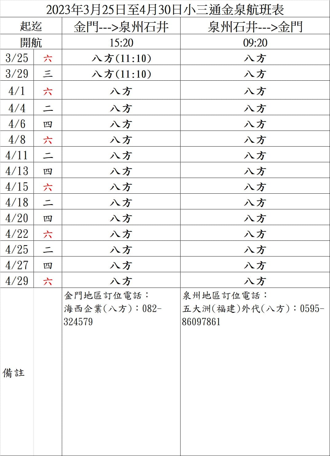 金泉3-4月航班表。 圖：交通部航港局／提供